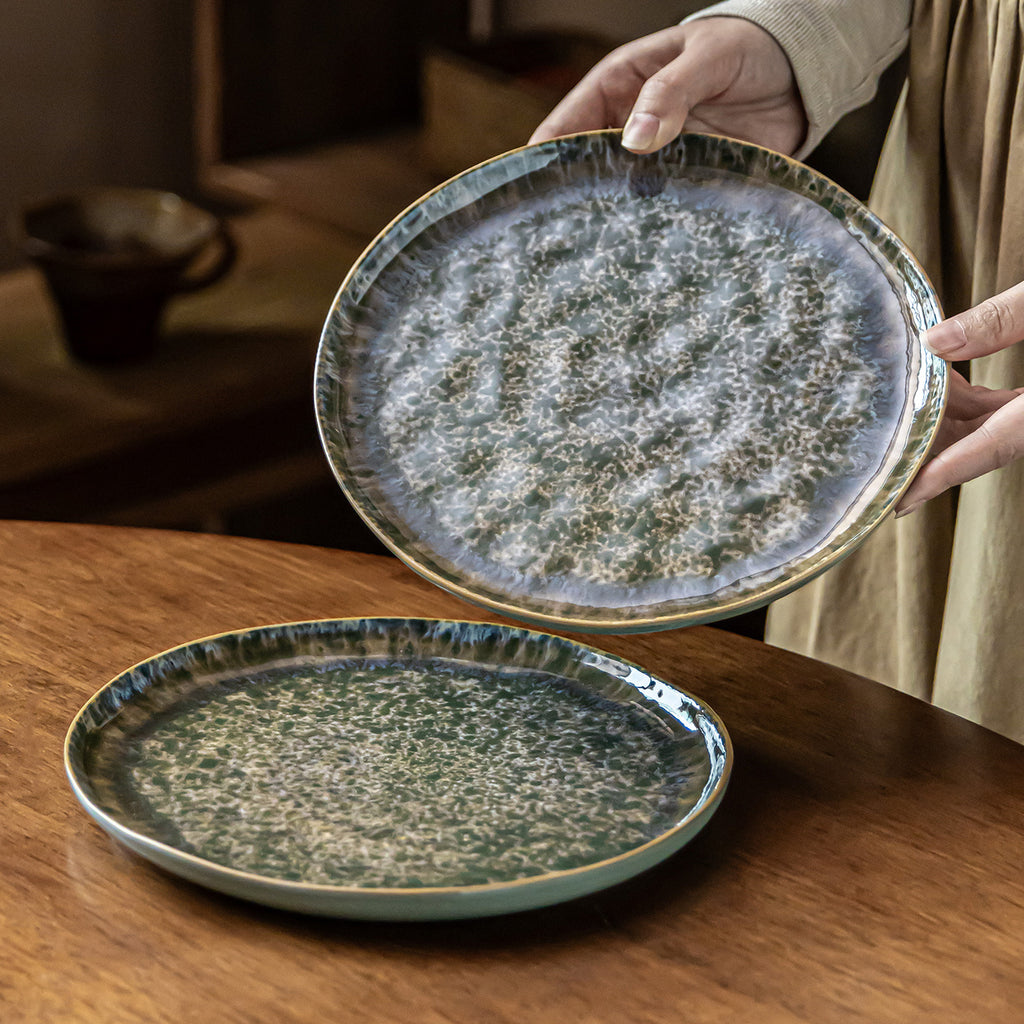 Chinese Pine Soot Green Ceramic Plate, 8.7 inch Vintage Kiln-Glazed Dinner Plate, Rustic Stoneware Salad & Dessert Dish, Microwave Safe