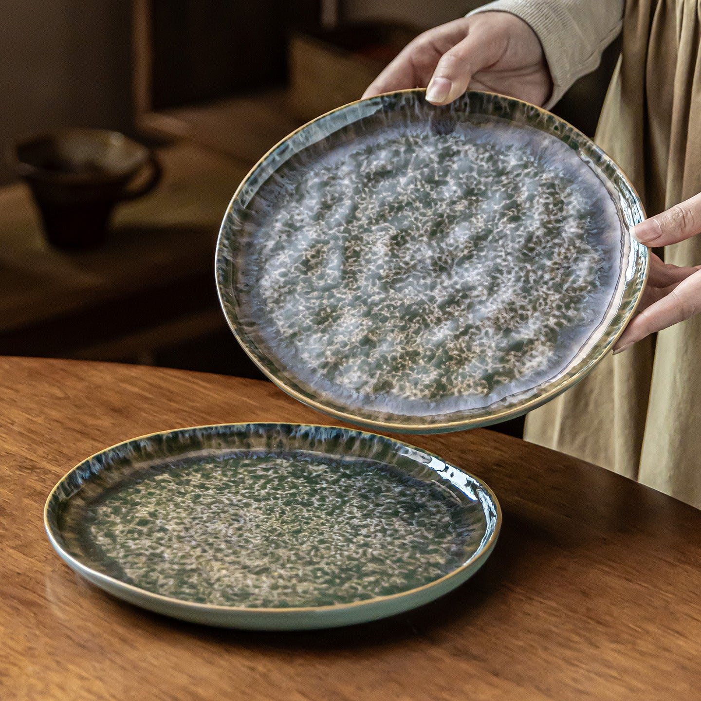 Chinese Pine Soot Green Ceramic Plate, 8.7 inch Vintage Kiln-Glazed Dinner Plate, Rustic Stoneware Salad & Dessert Dish, Microwave Safe