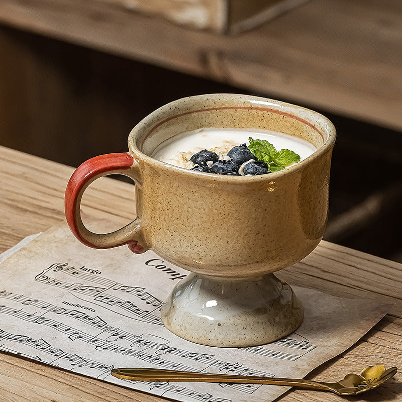 Vintage High-Stem Ceramic Coffee Cup | "Moye Brown" Wabi-Sabi Glaze | Unique Handcrafted Mug | Imperfect Beauty Style