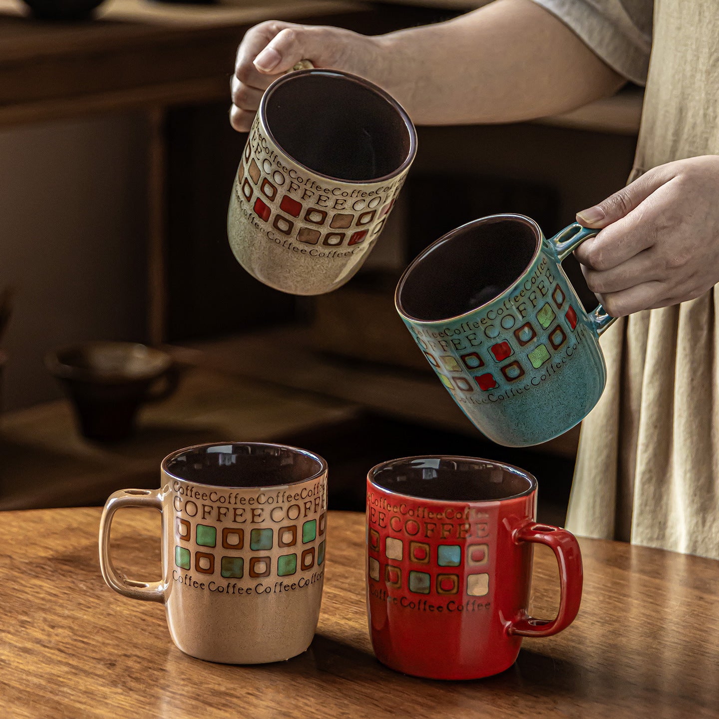 Retro Gingham Ceramic Mug - 400ml Vintage Breakfast Coffee Cup for Home, Office & Couples