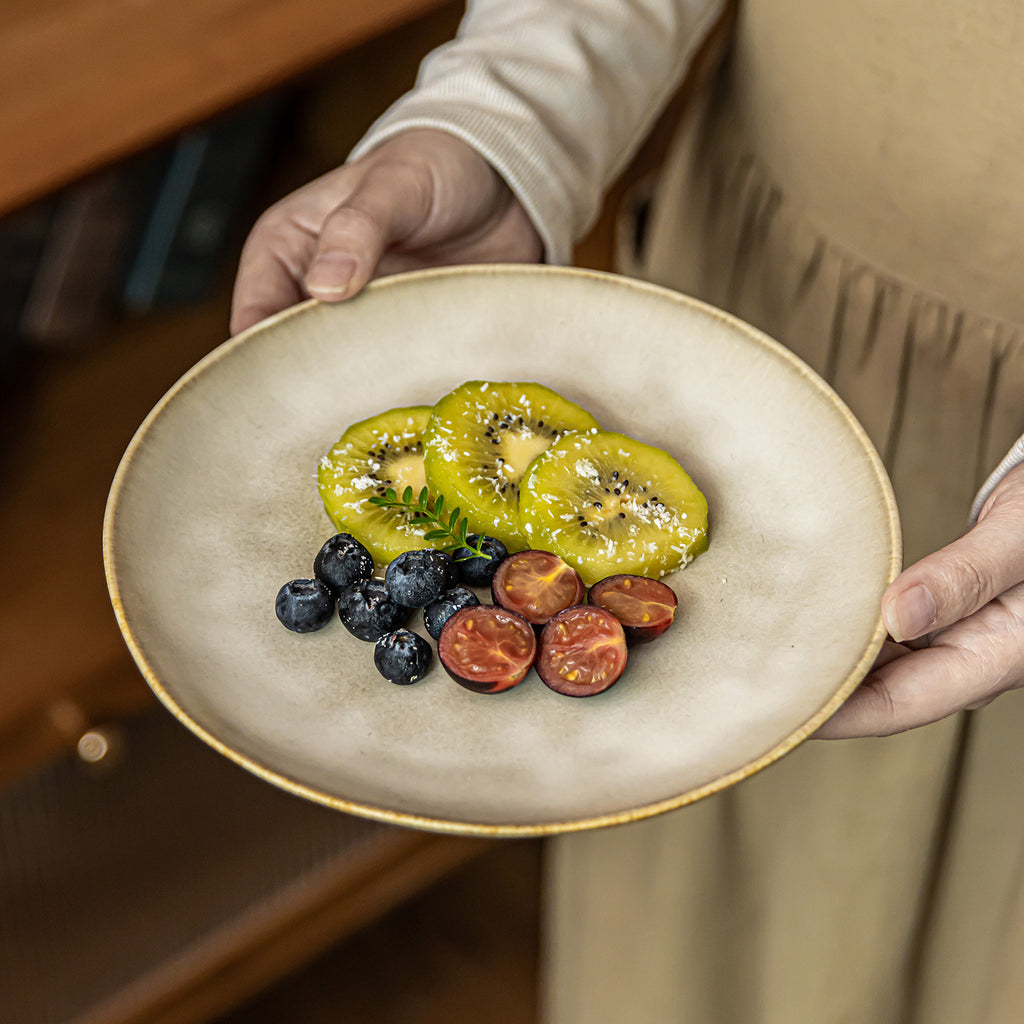 Handcrafted Yellow Ceramic Salad Plate - 8 inch Round Irregular Shape, Retro Kiln-Change Glaze, Microwave Safe