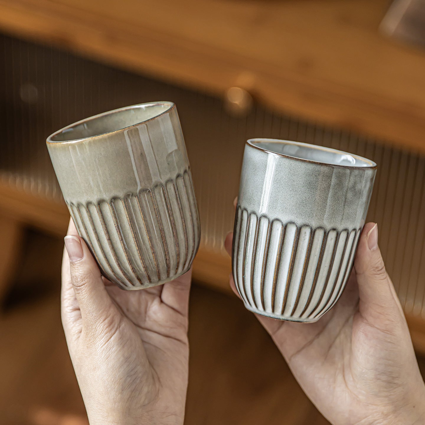 Japanese Kiln Change Glaze Ceramic Cup - Handleless Zen Style Tea/Wine Glass, 230ml, Beige & Grey