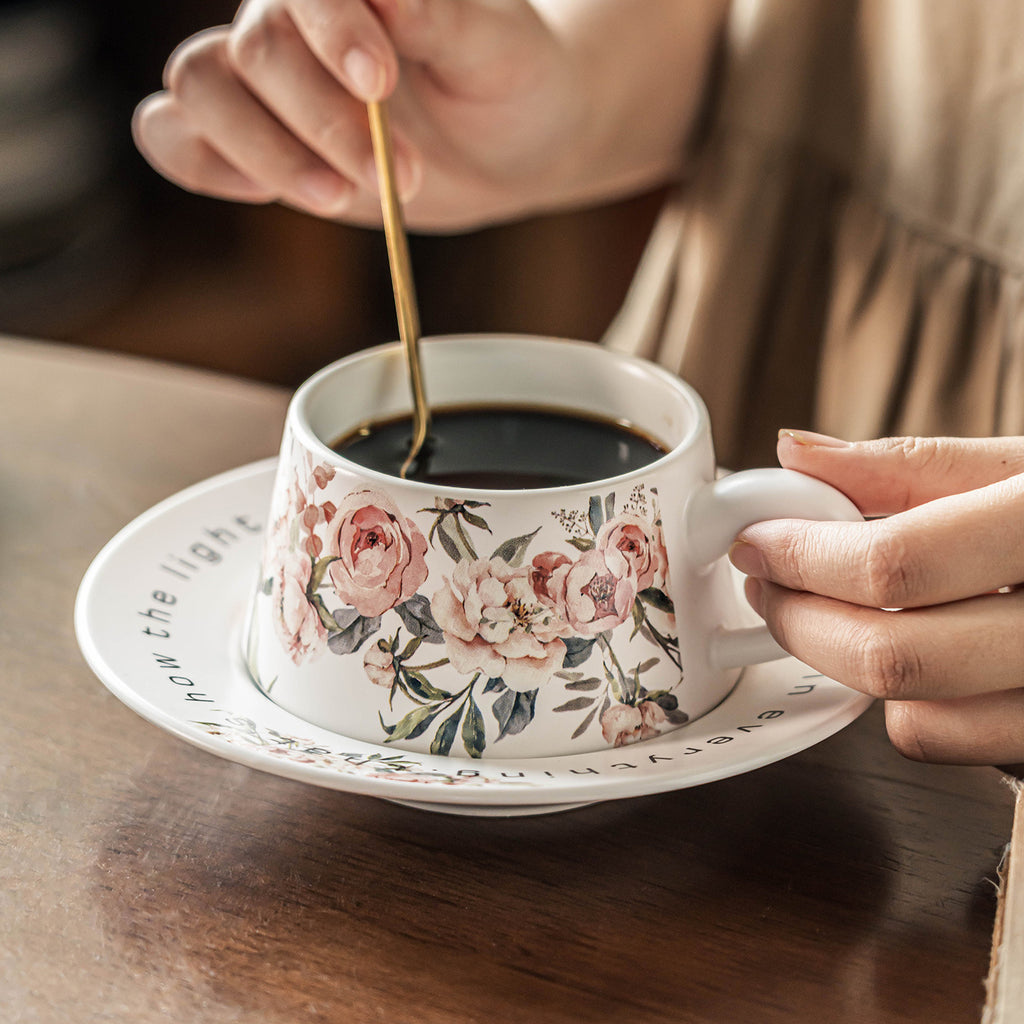 French Floral Porcelain Coffee Cup and Saucer Set, 12oz Botanical Tea Cup, Vintage Style Espresso Mugs with Antique Flower Print, Microwave Safe