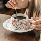 French Floral Porcelain Coffee Cup and Saucer Set, 12oz Botanical Tea Cup, Vintage Style Espresso Mugs with Antique Flower Print, Microwave Safe