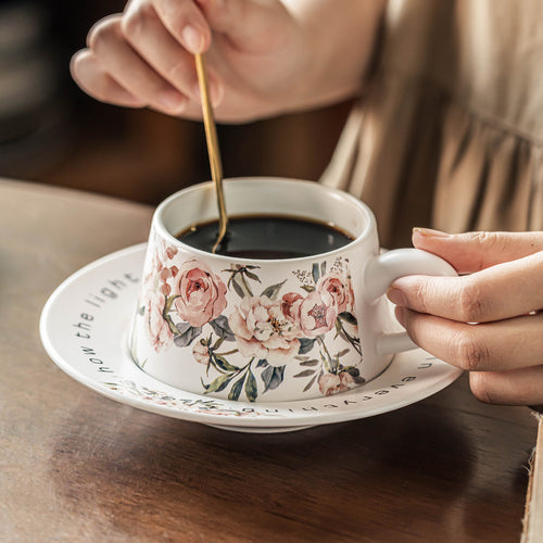 French Floral Porcelain Coffee Cup and Saucer Set, 12oz Botanical Tea Cup, Vintage Style Espresso Mugs with Antique Flower Print, Microwave Safe