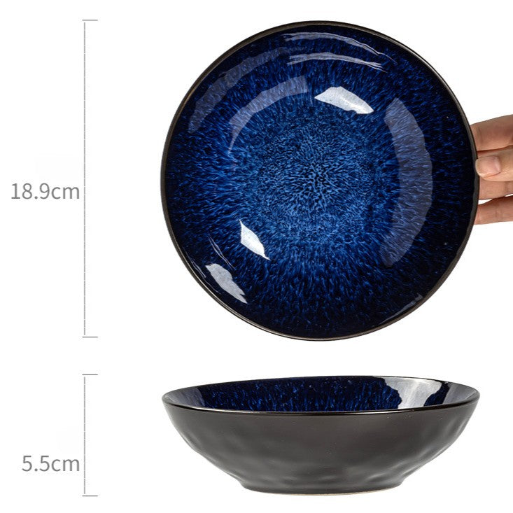Misty Blue Kiln-Glazed Ceramic Salad Bowl, 7.4 inch Vintage Gradient Stoneware Soup Bowl, Luxury Retro Style Pasta & Noodle Bowl, Microwave Safe