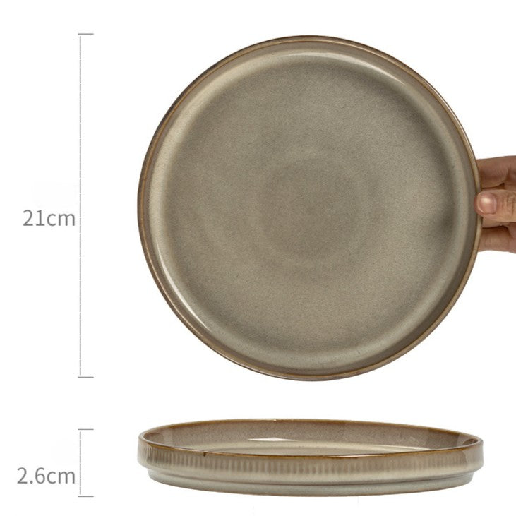 Retro Vertical Stripe Ceramic Plate - Japanese Wabi-Sabi Style Pasta Dish, Irregular Brown Glaze Serving Platter for Cafe & Home (8.2 inch)