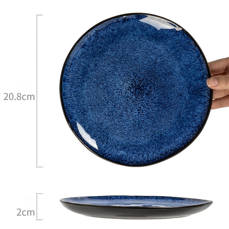 Vintage Ceramic Pasta Plate - 8.2 inch Round Salad Dessert Dish, Blue Swirl Glaze, Microwave Safe Tableware