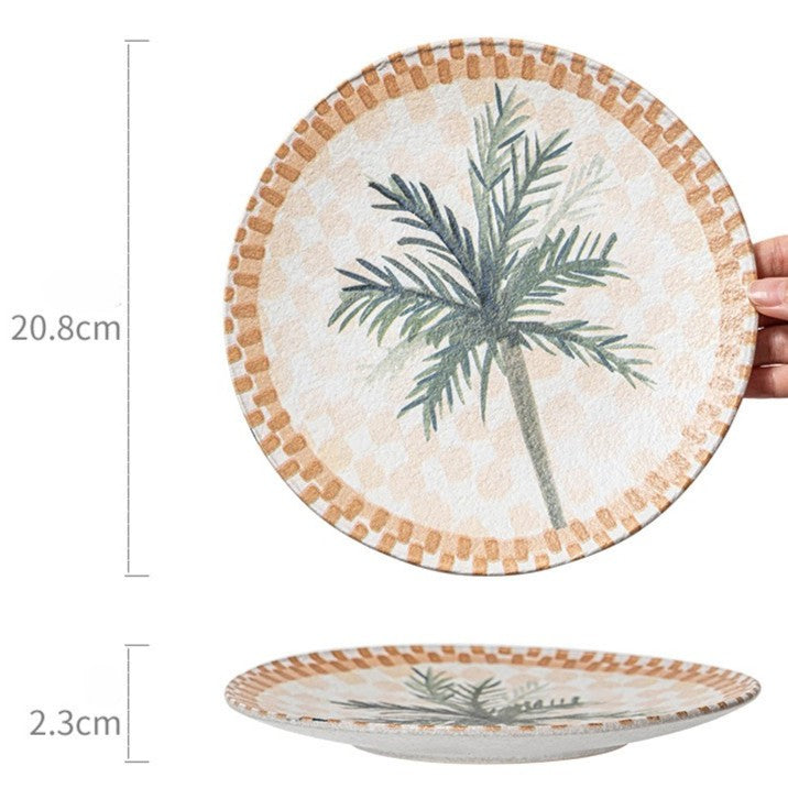 Hand-Painted Palm Tree Ceramic Plate, 8.2 inch Retro Tropical Fruit Dessert Dish, Vintage Style Salad Side Plate, Microwave Safe