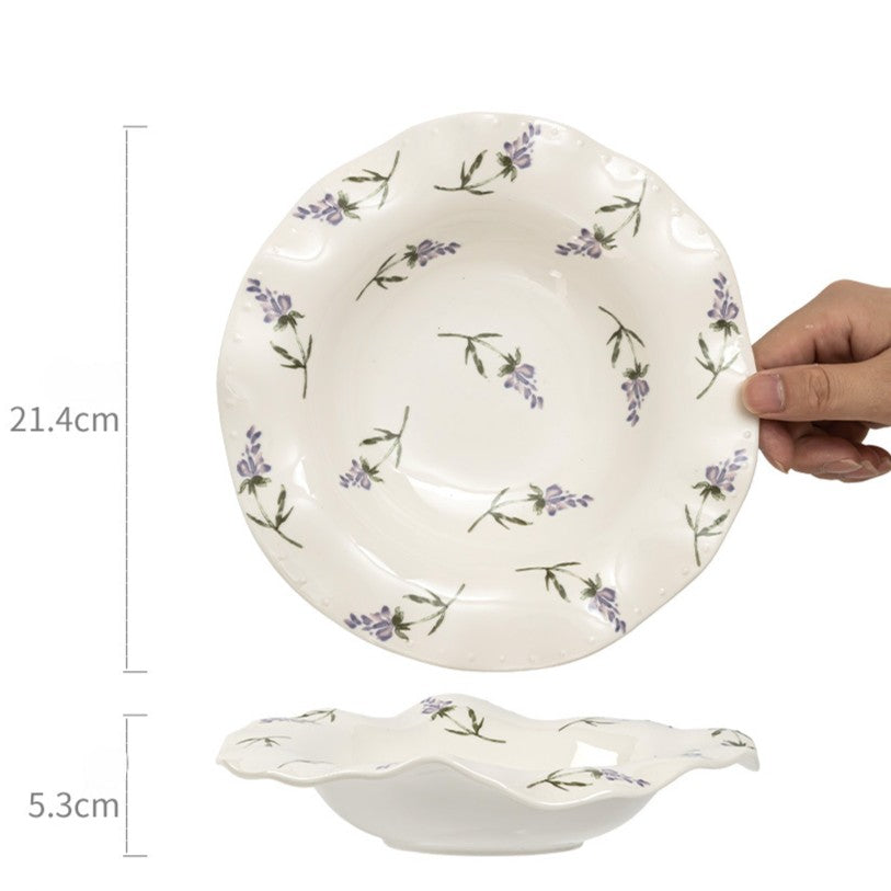 French Style Scalloped Ceramic Plate | 8.4 inch Retro Floral Dinner Plate for Salad, Pasta & Fruit | Vintage Aesthetic Dishes