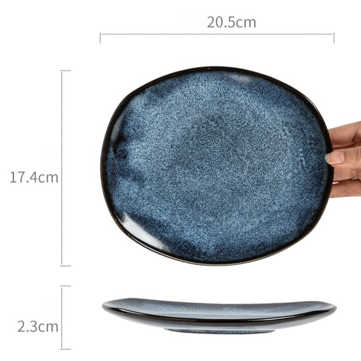 Chengyun Blue Irregular Ceramic Plate, 8 inch Vintage Kiln-Glazed Salad Plate, Luxury Retro Style Stoneware Dinner Dish, Microwave Safe