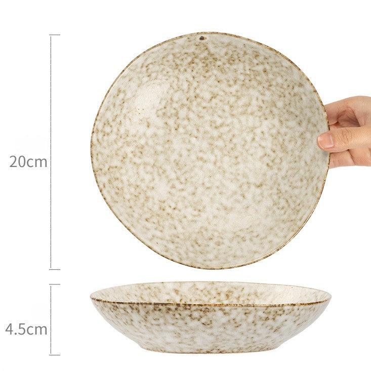 Japanese Rustic Stone Texture Ceramic Dinner Plate – 8" Vintage Deep Dish for Pasta, Salad & Steak | Microwave Safe Tableware
