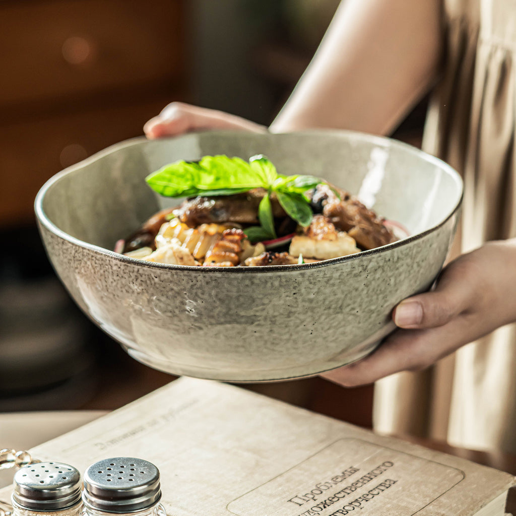 Luokong Irregular Ceramic Soup Bowl, 8.6 inch Vintage Speckled Stoneware Noodle Bowl, Large Rustic Salad & Pasta Bowl, Microwave Safe