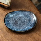 Chengyun Blue Irregular Ceramic Plate, 8 inch Vintage Kiln-Glazed Salad Plate, Luxury Retro Style Stoneware Dinner Dish, Microwave Safe