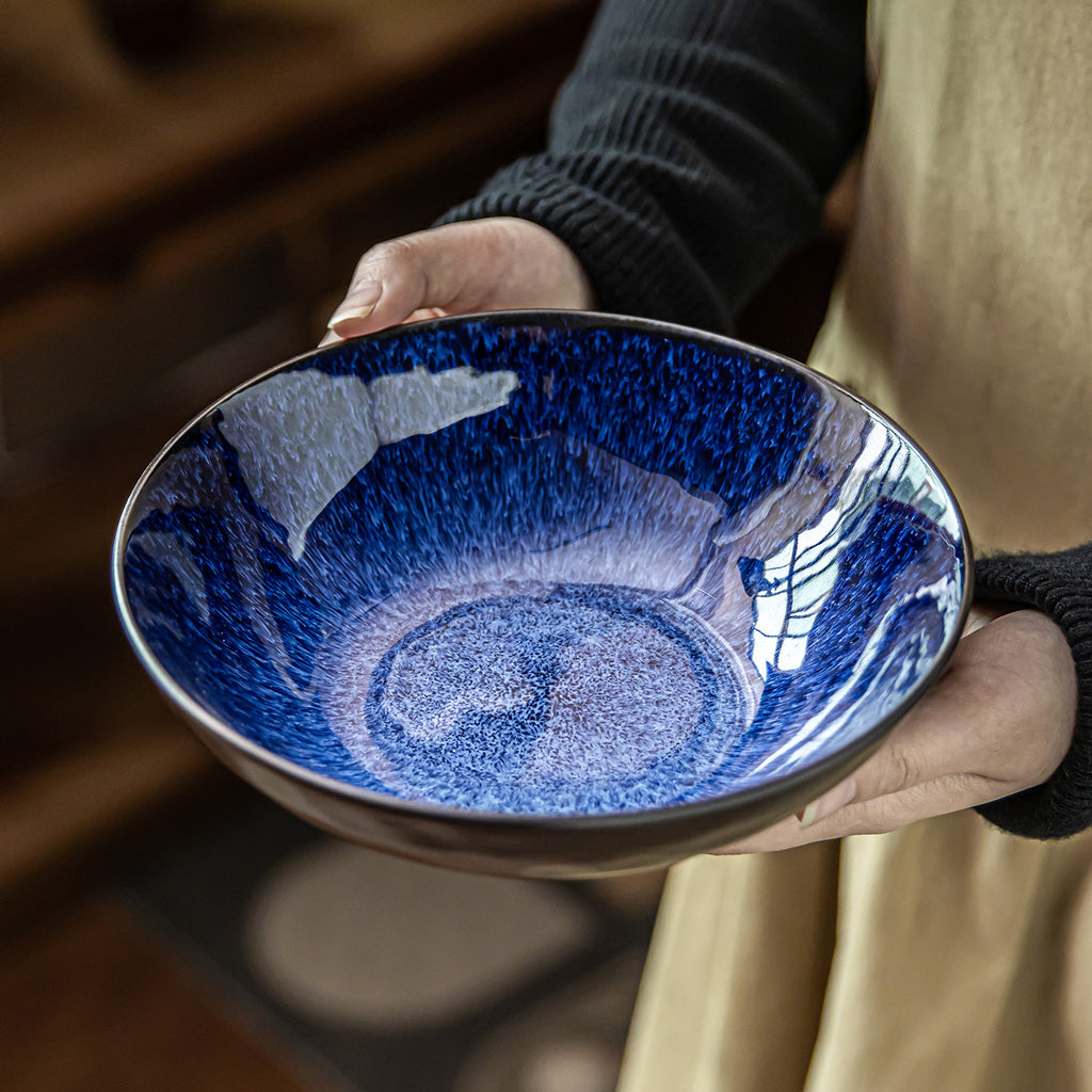 Misty Blue Kiln-Glazed Ceramic Salad Bowl, 7.4 inch Vintage Gradient Stoneware Soup Bowl, Luxury Retro Style Pasta & Noodle Bowl, Microwave Safe