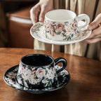 French Floral Porcelain Coffee Cup and Saucer Set, 12oz Botanical Tea Cup, Vintage Style Espresso Mugs with Antique Flower Print, Microwave Safe