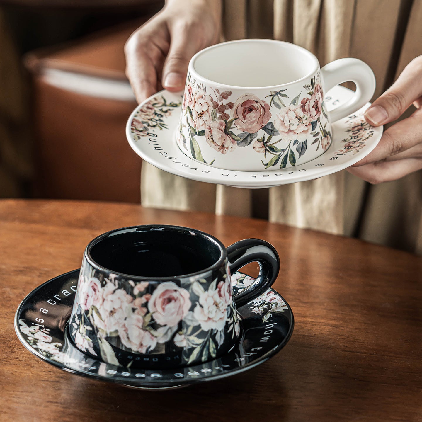 French Floral Porcelain Coffee Cup and Saucer Set, 12oz Botanical Tea Cup, Vintage Style Espresso Mugs with Antique Flower Print, Microwave Safe