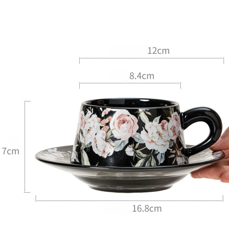 French Floral Porcelain Coffee Cup and Saucer Set, 12oz Botanical Tea Cup, Vintage Style Espresso Mugs with Antique Flower Print, Microwave Safe