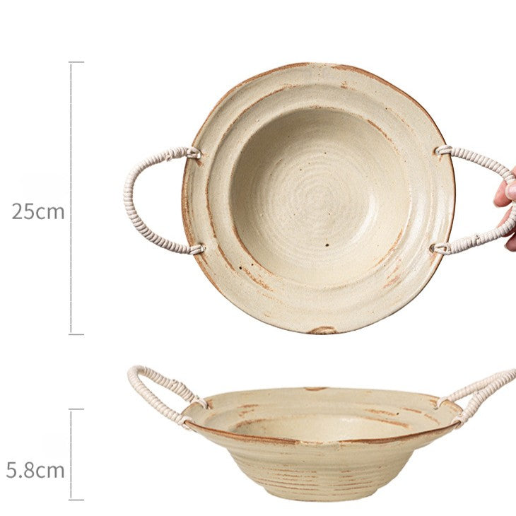 Retro Rope Handle Ceramic Bowl - Japanese Style Earthenware Deep Plate for Salad, Noodle, Soup (6.3" / 7.5")