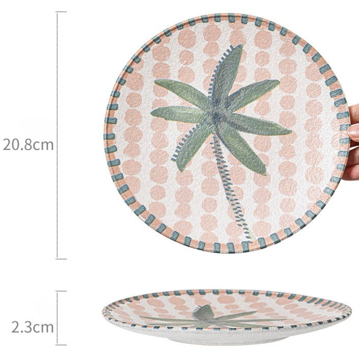 Hand-Painted Palm Tree Ceramic Plate, 8.2 inch Retro Tropical Fruit Dessert Dish, Vintage Style Salad Side Plate, Microwave Safe
