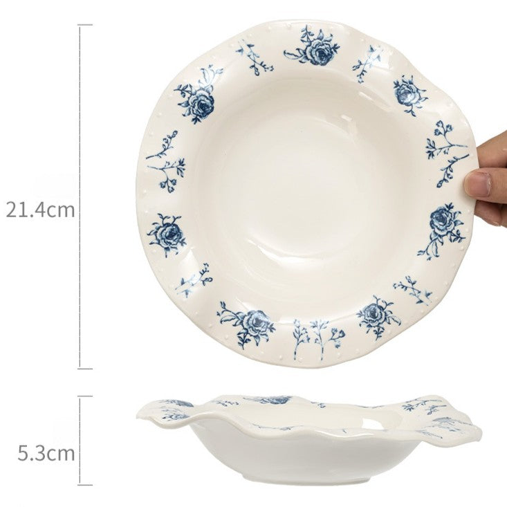 French Style Scalloped Ceramic Plate | 8.4 inch Retro Floral Dinner Plate for Salad, Pasta & Fruit | Vintage Aesthetic Dishes