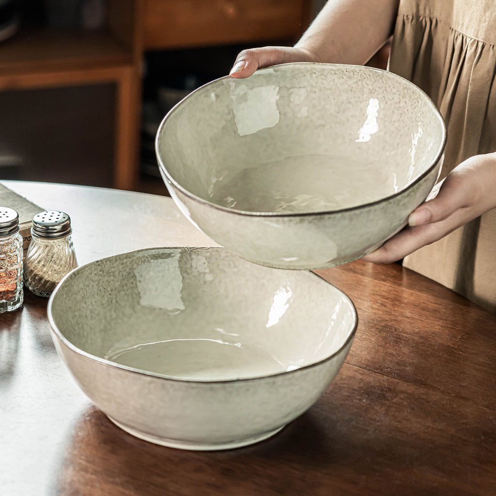 Luokong Irregular Ceramic Soup Bowl, 8.6 inch Vintage Speckled Stoneware Noodle Bowl, Large Rustic Salad & Pasta Bowl, Microwave Safe