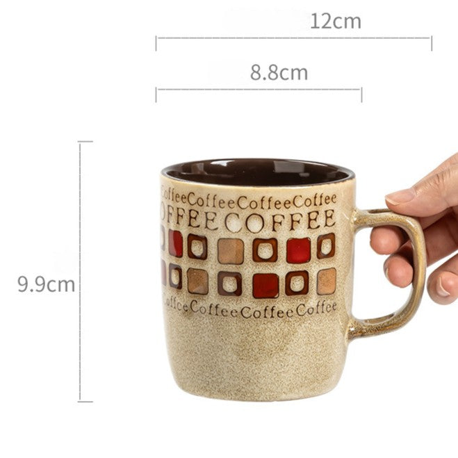 Retro Gingham Ceramic Mug - 400ml Vintage Breakfast Coffee Cup for Home, Office & Couples