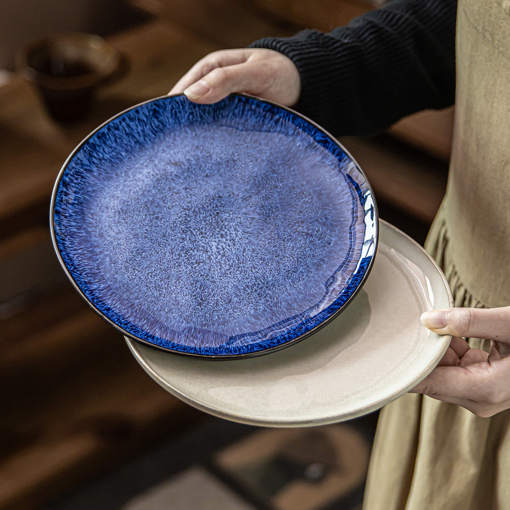 Vintage Ceramic Pasta Plate - 8.2 inch Round Salad Dessert Dish, Blue Swirl Glaze, Microwave Safe Tableware