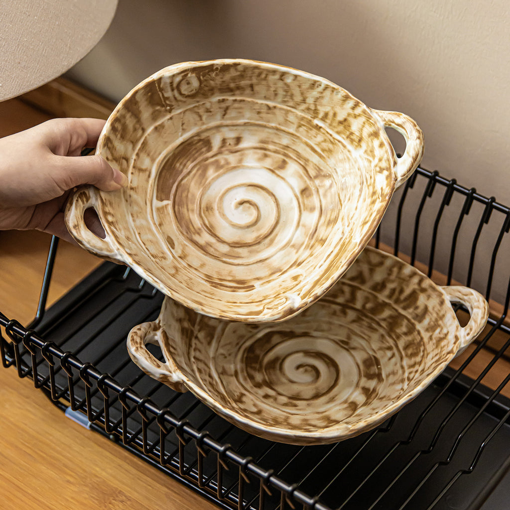 Rustic Double-Ear Ceramic Bowl, 7.5 inch Japanese Style Stoneware Salad & Ramen Bowl, Vintage Kiln-Glazed Soup Bowl with Handles, Microwave Safe