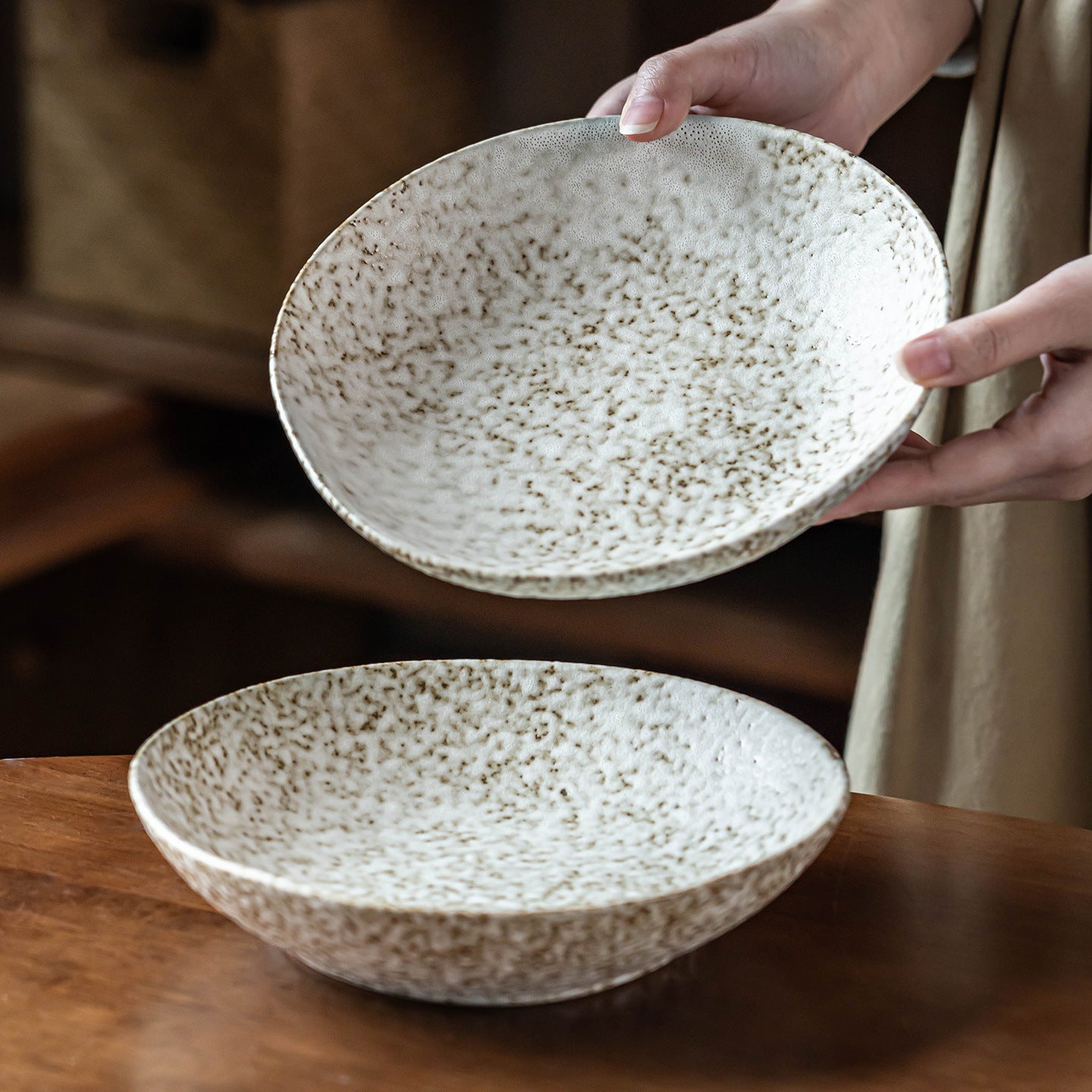 Japanese Rustic Stone Texture Ceramic Dinner Plate – 8" Vintage Deep Dish for Pasta, Salad & Steak | Microwave Safe Tableware