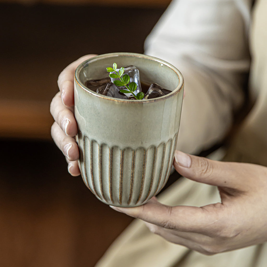 Japanese Kiln Change Glaze Ceramic Cup - Handleless Zen Style Tea/Wine Glass, 230ml, Beige & Grey