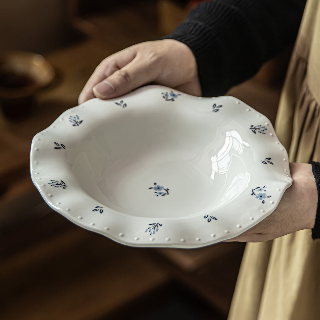 French Style Scalloped Ceramic Plate | 8.4 inch Retro Floral Dinner Plate for Salad, Pasta & Fruit | Vintage Aesthetic Dishes