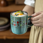 Retro Gingham Ceramic Mug - 400ml Vintage Breakfast Coffee Cup for Home, Office & Couples