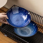 Misty Blue Kiln-Glazed Ceramic Salad Bowl, 7.4 inch Vintage Gradient Stoneware Soup Bowl, Luxury Retro Style Pasta & Noodle Bowl, Microwave Safe