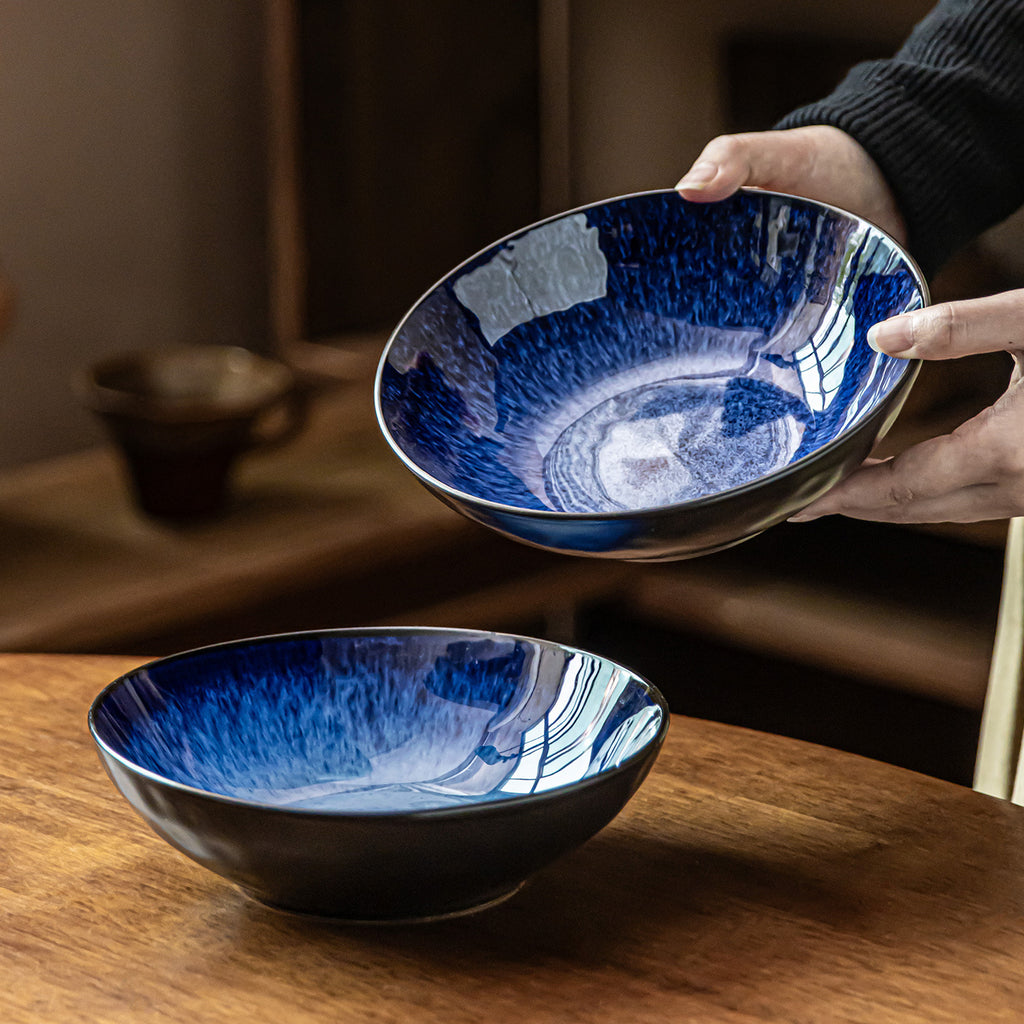 Misty Blue Kiln-Glazed Ceramic Salad Bowl, 7.4 inch Vintage Gradient Stoneware Soup Bowl, Luxury Retro Style Pasta & Noodle Bowl, Microwave Safe