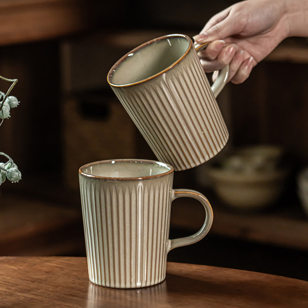 Textured Vertical Ribbed Ceramic Mug, 20oz Japanese Wabi-Sabi Style Coffee Cup, Vintage Rough Stoneware Tea Mug, Dishwasher Safe