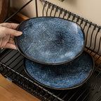 Chengyun Blue Irregular Ceramic Plate, 8 inch Vintage Kiln-Glazed Salad Plate, Luxury Retro Style Stoneware Dinner Dish, Microwave Safe