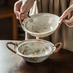Retro Rope Handle Ceramic Bowl - Japanese Style Earthenware Deep Plate for Salad, Noodle, Soup (6.3" / 7.5")