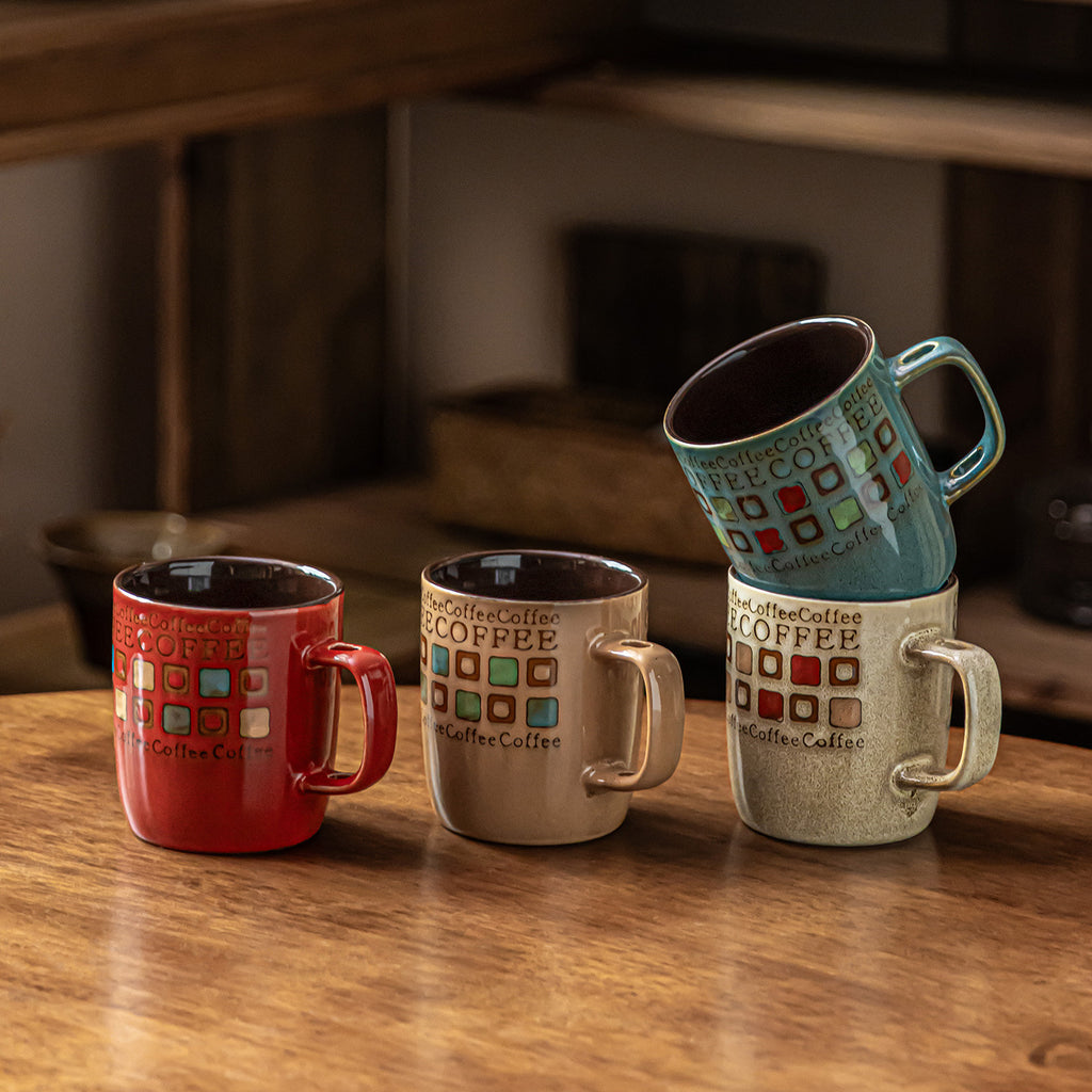 Retro Gingham Ceramic Mug - 400ml Vintage Breakfast Coffee Cup for Home, Office & Couples
