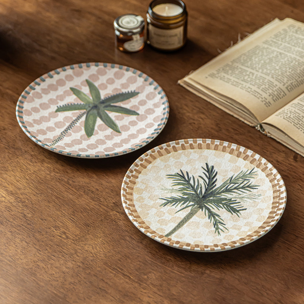 Hand-Painted Palm Tree Ceramic Plate, 8.2 inch Retro Tropical Fruit Dessert Dish, Vintage Style Salad Side Plate, Microwave Safe