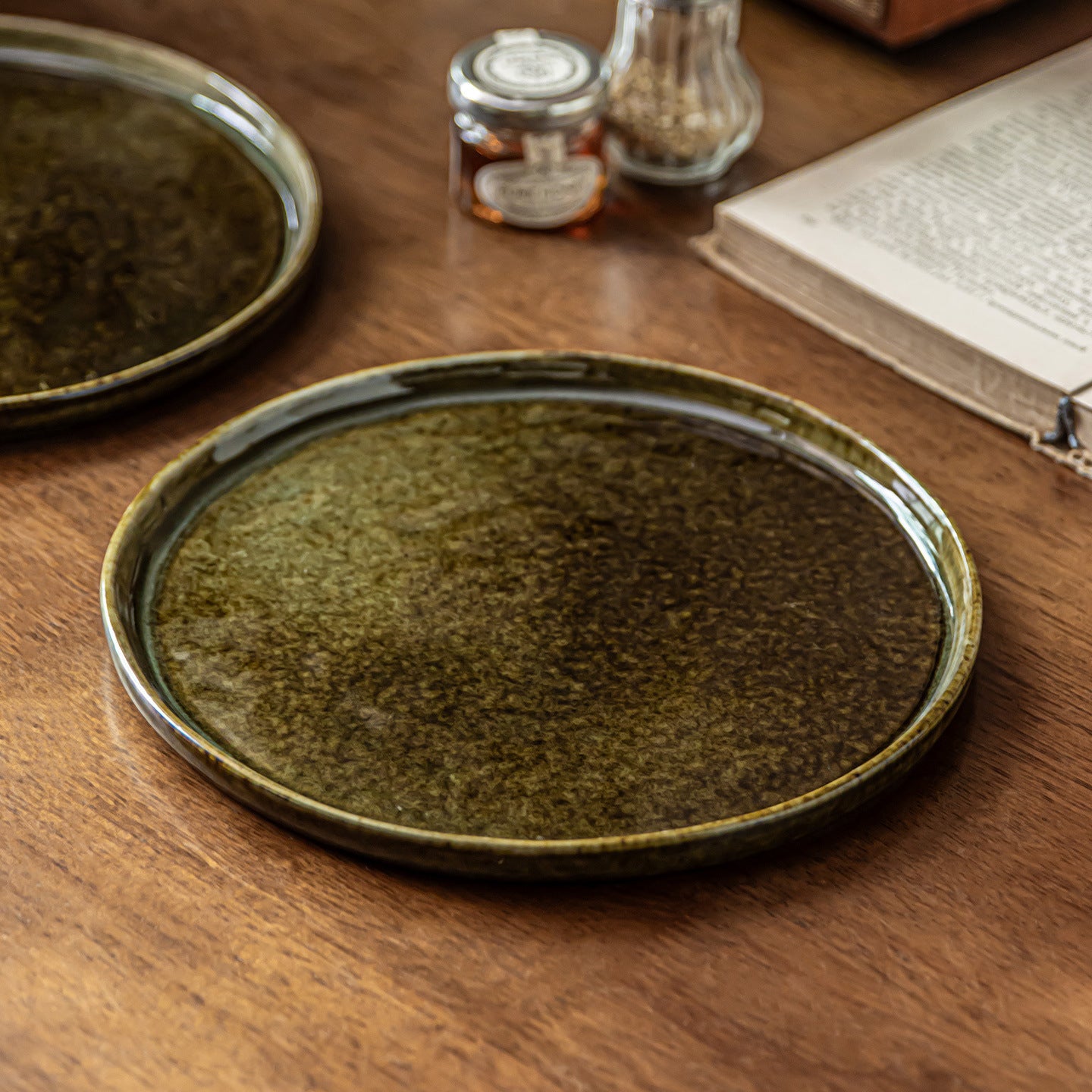Reactive Glaze Ceramic Dinner Plate | 8.4" Handcrafted Vintage Round Dish | Mist Green Color | Microwave Safe