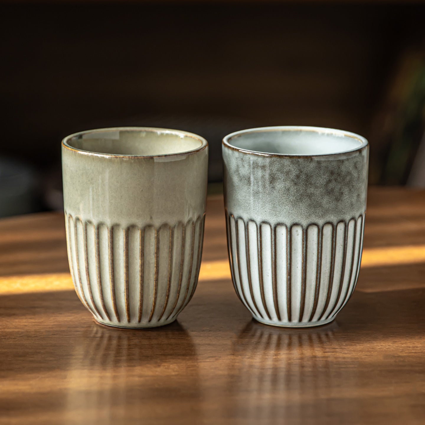 Japanese Kiln Change Glaze Ceramic Cup - Handleless Zen Style Tea/Wine Glass, 230ml, Beige & Grey