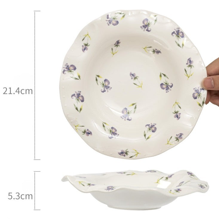 French Style Scalloped Ceramic Plate | 8.4 inch Retro Floral Dinner Plate for Salad, Pasta & Fruit | Vintage Aesthetic Dishes