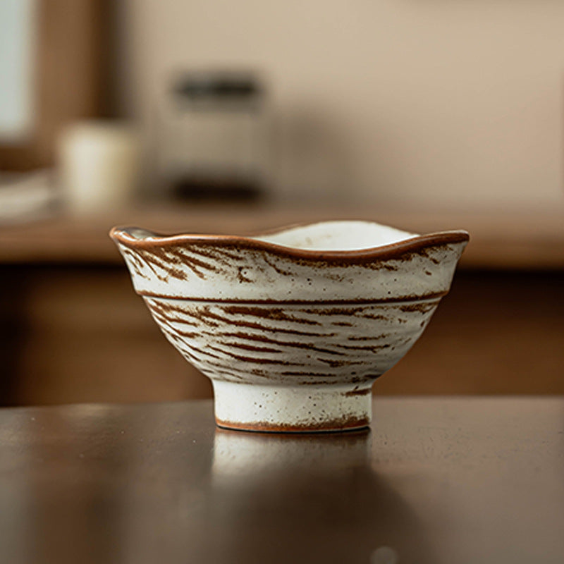 Textured Rustic Stoneware Rice Bowl, 5 inch Handmade Coarse Pottery Dish, Japanese Wabi-Sabi Style Cereal Soup Noodle Bowl, Microwave Safe