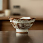 Textured Rustic Stoneware Rice Bowl, 5 inch Handmade Coarse Pottery Dish, Japanese Wabi-Sabi Style Cereal Soup Noodle Bowl, Microwave Safe