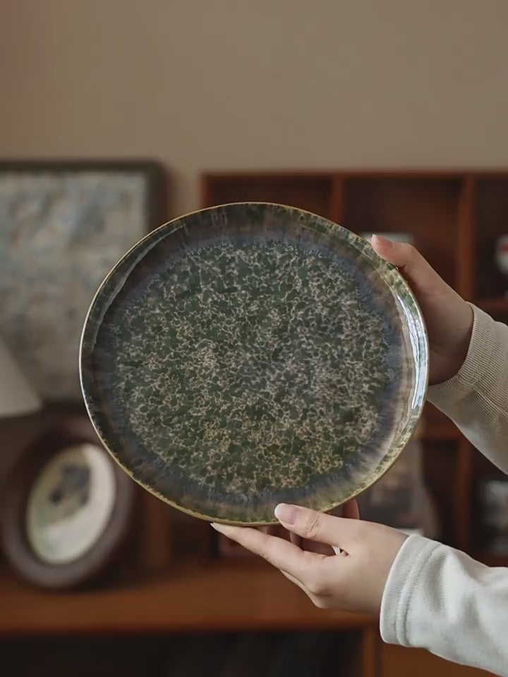 Chinese Pine Soot Green Ceramic Plate, 8.7 inch Vintage Kiln-Glazed Dinner Plate, Rustic Stoneware Salad & Dessert Dish, Microwave Safe