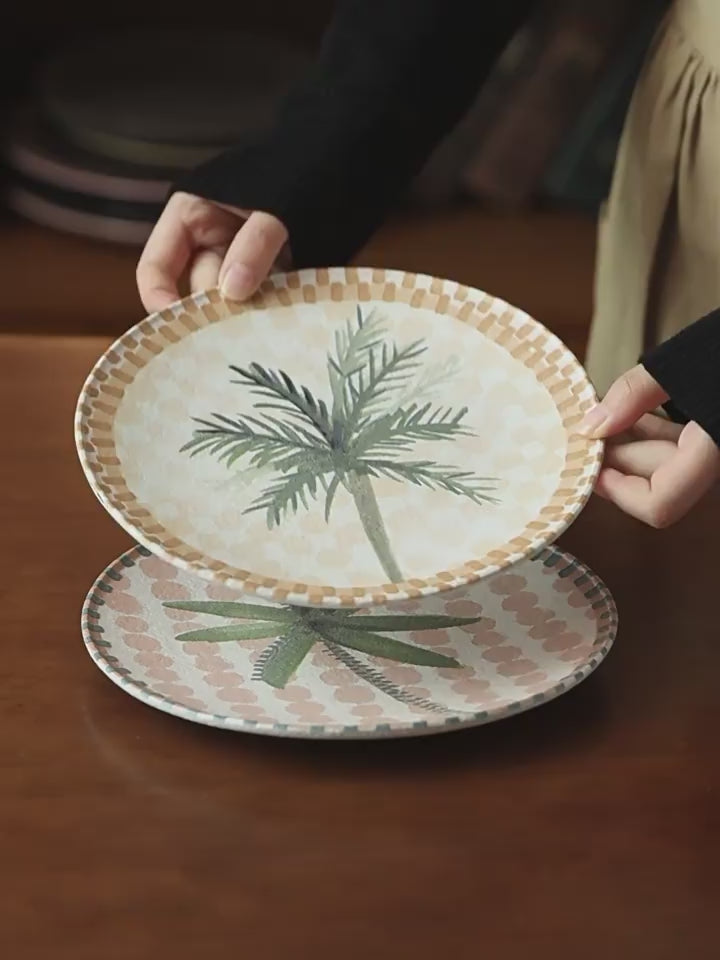 Hand-Painted Palm Tree Ceramic Plate, 8.2 inch Retro Tropical Fruit Dessert Dish, Vintage Style Salad Side Plate, Microwave Safe