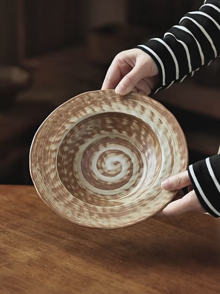 Vintage Reactive Glaze Ceramic Plate - 8.2 inch Rustic Pasta Salad Dish, Brown Swirl Design, Microwave Safe Tableware