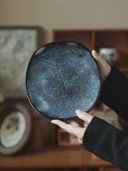 Chengyun Blue Irregular Ceramic Plate, 8 inch Vintage Kiln-Glazed Salad Plate, Luxury Retro Style Stoneware Dinner Dish, Microwave Safe
