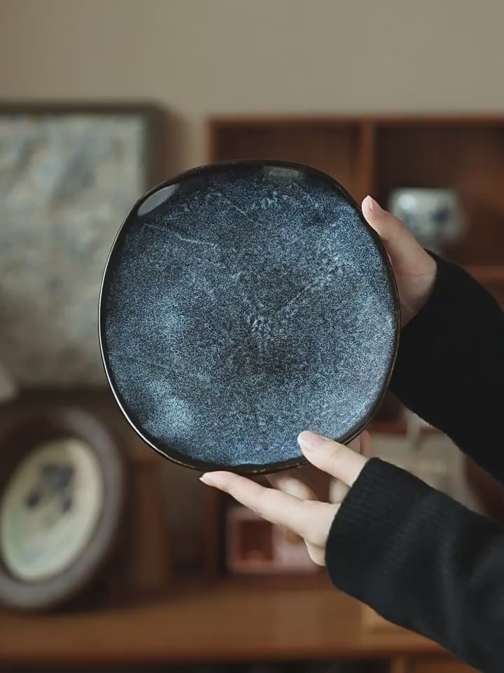 Chengyun Blue Irregular Ceramic Plate, 8 inch Vintage Kiln-Glazed Salad Plate, Luxury Retro Style Stoneware Dinner Dish, Microwave Safe